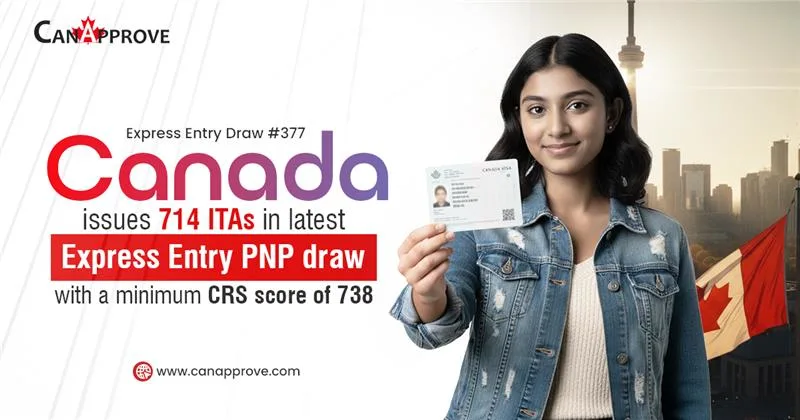 Smiling woman holding a Canada visa card with Toronto skyline and Canadian flag in the background – Express Entry Draw 377 update by CanApprove.