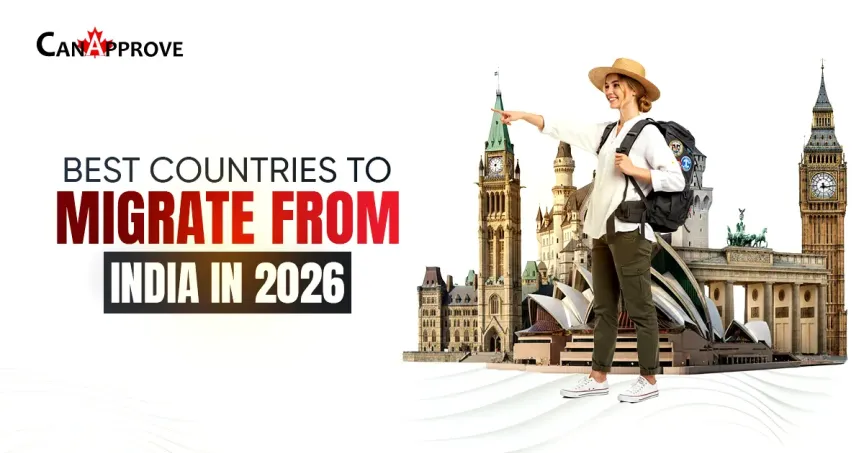 Best countries to migrate from India in 2026 — smiling young traveler with backpack pointing towards famous landmarks like Big Ben, Brandenburg Gate, Sydney Opera House, and Canadian Parliament, with CanApprove logo