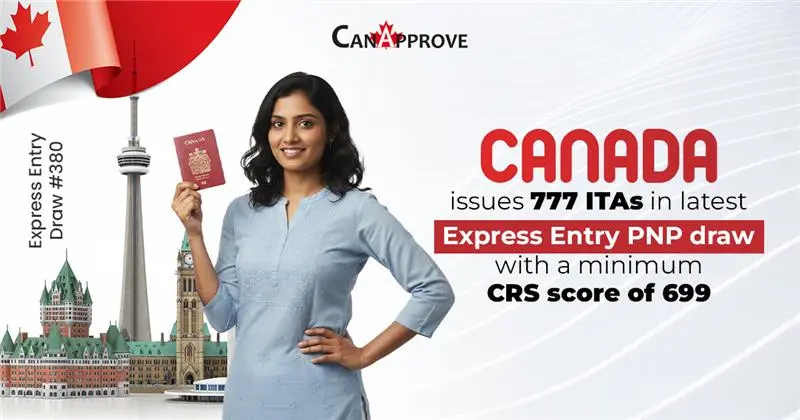 A smiling woman holding a Canadian passport stands in front of illustrations of Canadian landmarks, including the CN Tower and Parliament buildings. Text reads: “Canada issues 777 ITAs in latest Express Entry PNP draw with a minimum CRS score of 699 – Express Entry Draw #380.” CanApprove logo appears at the top.