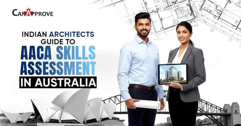 Two professional Indian architects standing confidently with building plans and a tablet displaying an architectural design, with Sydney Opera House and Harbour Bridge in the background. Text on image reads: ‘Indian Architects Guide to AACA Skills Assessment in Australia – CanApprove