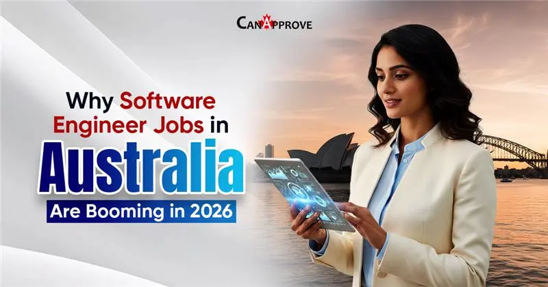 “Why software engineer jobs in Australia are booming in 2026 – CanApprove banner showing a female tech professional with a digital tablet and Sydney Opera House background.”