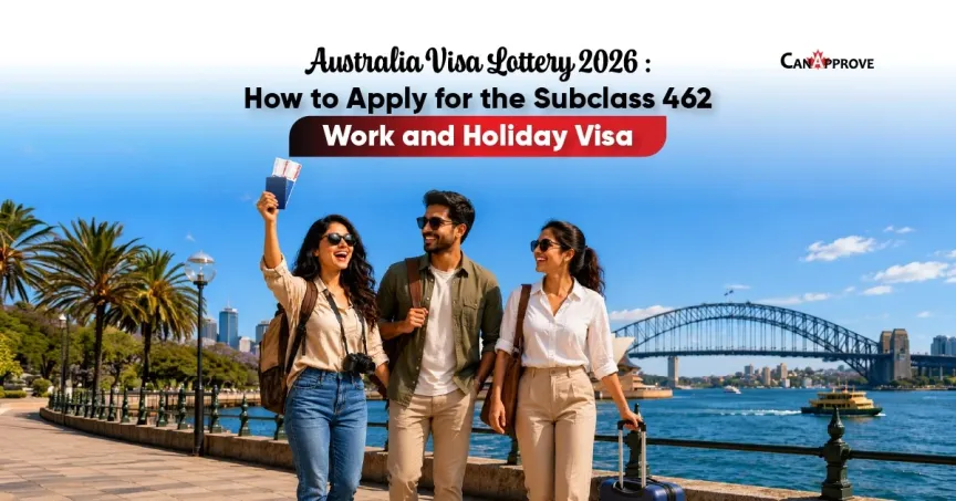 Indian young professionals celebrating with passport after getting Australia Work and Holiday Visa Subclass 462 in Sydney