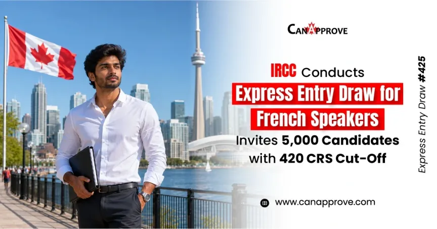 IRCC Express Entry Draw 425 announces 5,000 invitations for French-speaking candidates with a minimum CRS score of 420, featuring the Toronto skyline and Canadian flag.