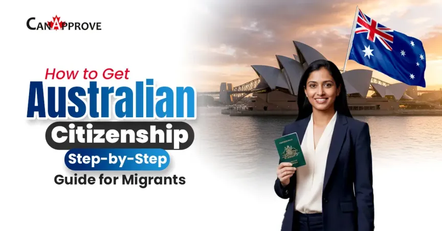 Woman holding Australian passport with Sydney Opera House and Australian flag, illustrating how to get Australian citizenship with a step-by-step guide for migrants by CanApprove.