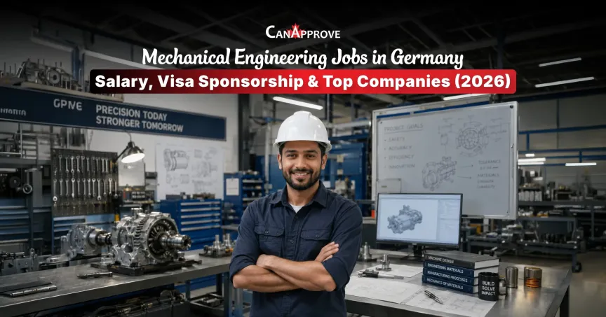 Smiling mechanical engineer wearing a white safety helmet in an advanced manufacturing facility with engineering equipment and design drawings in the background.